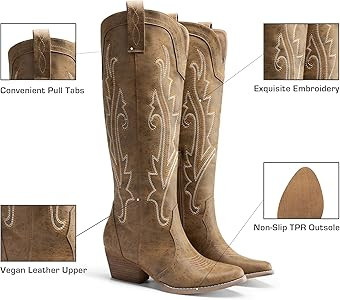 DREAM PAIRS Women's Embroidered Western Pull-On Knee-High Cowboy Boots | Amazon (US)