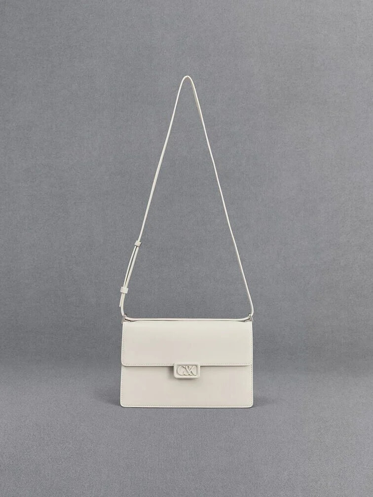Leather Shoulder Bag - White | Charles & Keith US