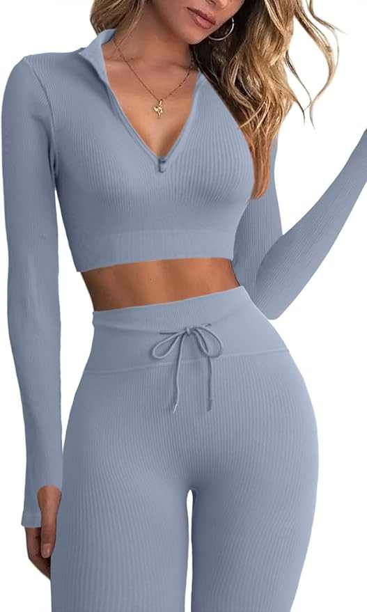 QINSEN Workout Sets for Women 2 Piece Seamless Long Sleeve Crop Tops Ribbed High Waist Leggings | Amazon (US)
