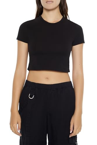 Forever 21 Women's Cropped Crew Tee, Black, Small | Amazon (US)