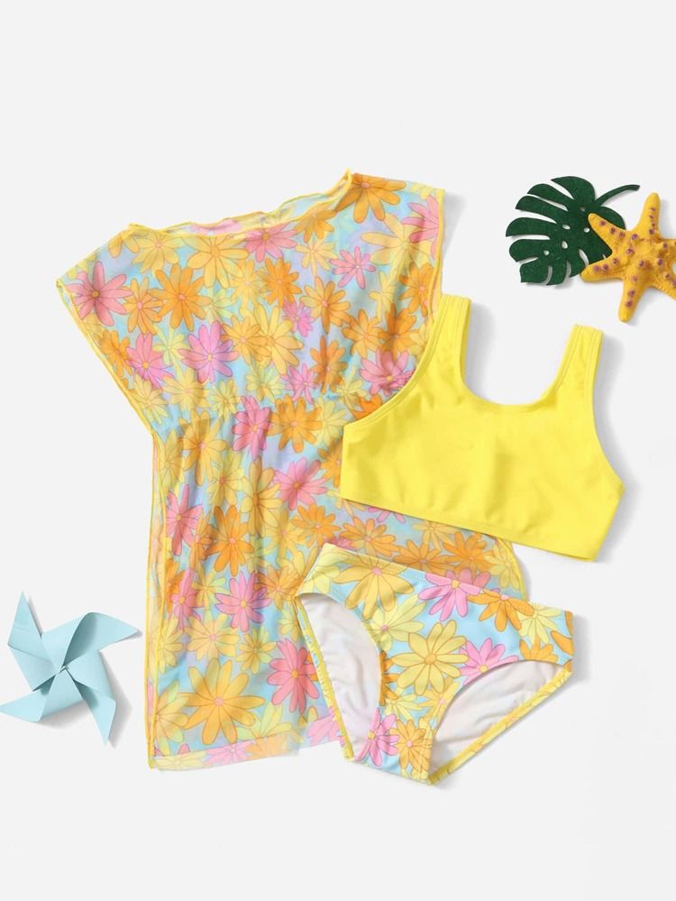 Toddler Girls Floral Print Bikini Swimsuit & Cover Up | SHEIN