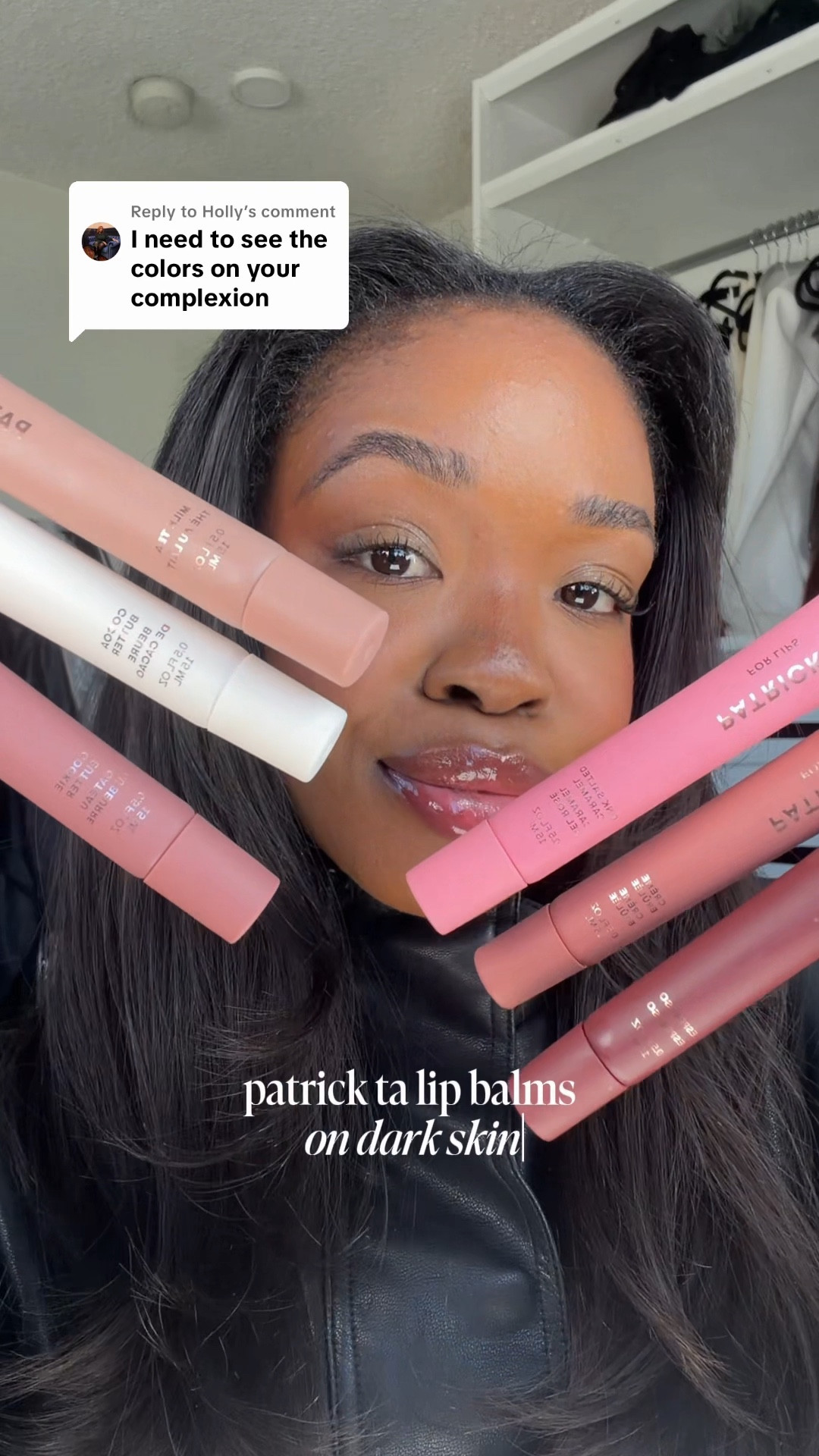 Swatching all the new Patrick Ta lip balms on dark skin! 🫦🤍 The formula is beautiful and soooo glossy (just how I like it). Do you need them all? Probably not.. they look verrrrrrry similar on the lips, especially the lighter shades. But they’re gorg if you love a shiny lip🌟 #lipbalm #lipswatches #makeup #blackgirlmakeup #patrickta 

#LTKBeauty #LTKgrwm