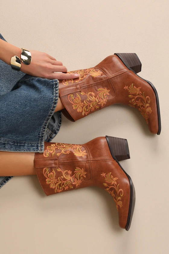 Birgitta Brown Embroidered Western Ankle Boots | Lulus