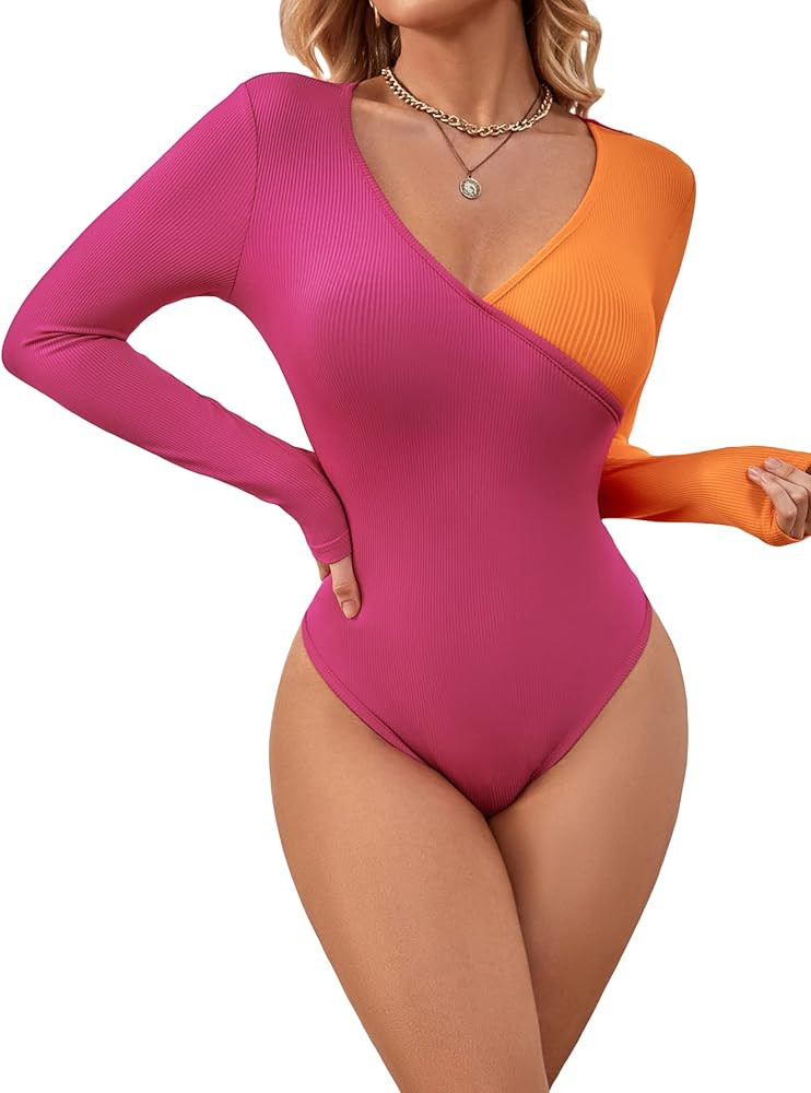 WDIRARA Women's Colorblock Ribbed Knit V Neck Long Sleeve Skinny Bodysuit Tops | Amazon (US)