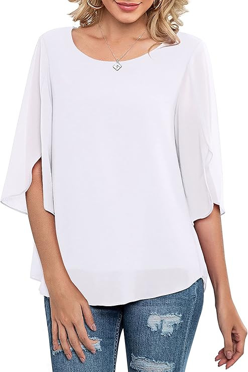 Neineiwu Womens Casual Scoop Neck Loose Top 3/4 Sleeve Chiffon Blouse Shirt Tops | Amazon (US)