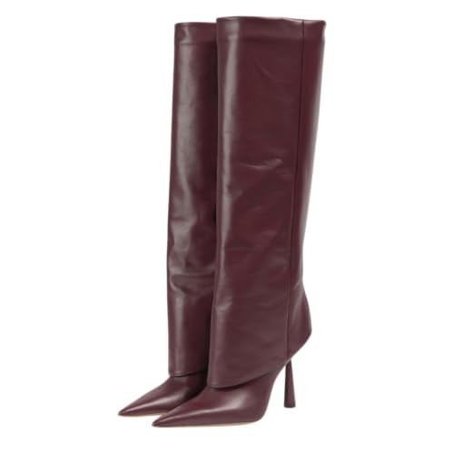 Vertundy Women's Fold Over Boots Pointed Toe Stiletto Heel Slip On Knee High Boot Fashion Sexy Dress Burgundy Boot | Amazon (US)