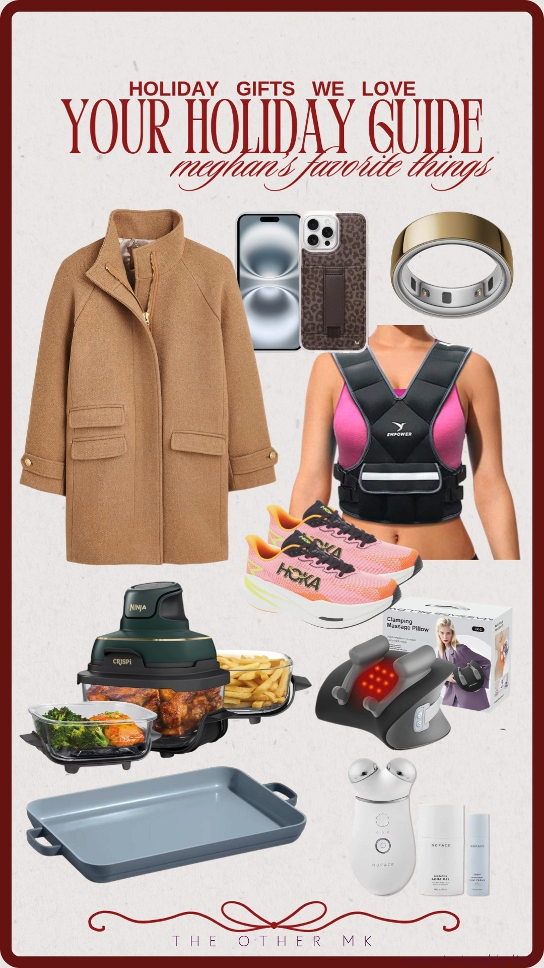 Holiday Gifts We Love — Megan’s Favorite Things!!! tan trenchcoat, iphone case, oura ring, running vest, hoka sneakers, nuface device, Ninja crispi, clamping massage pillow, nonstick pan, holiday gifts, gifts for her 

 

#LTKGiftGuide #LTKHoliday #LTKSaleAlert