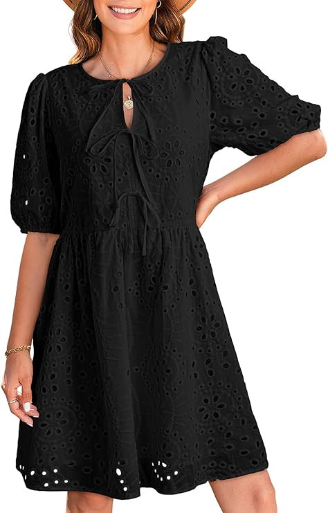 Dokotoo Summer Dresses for Women 2025 Tie Front V Neck Short Puff Sleeve Hollow Out Lace Wedding ... | Amazon (US)