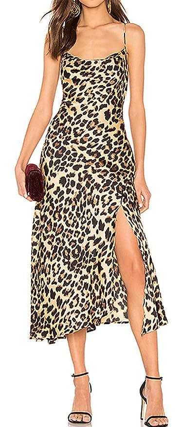 Sleeveless Spaghetti Strap Backless Low Back Side Split Slit Leopard Midi A-Line Cami Dress Brown | Amazon (US)