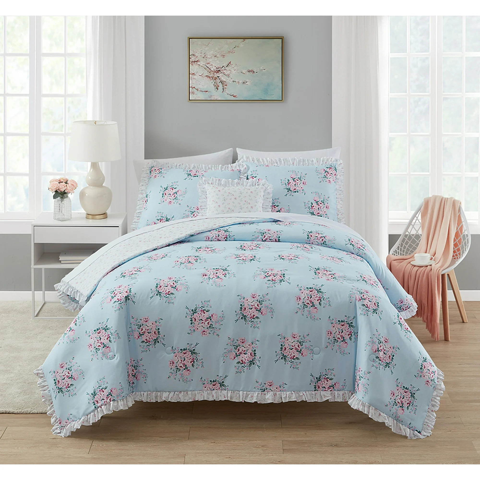Simply Shabby Chic Reversible Bouquet Rose 4-Piece Comforter Set + Decorative Pillow, Full/Queen | Walmart (US)