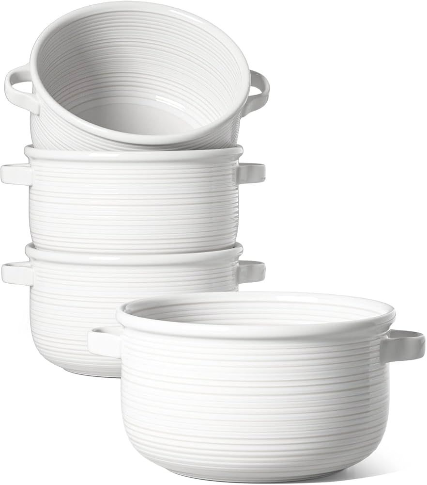 LE TAUCI Soup Bowls With Handles, 28 Ounce for Soup, chili, beef stew, Set of 4, White | Amazon (US)