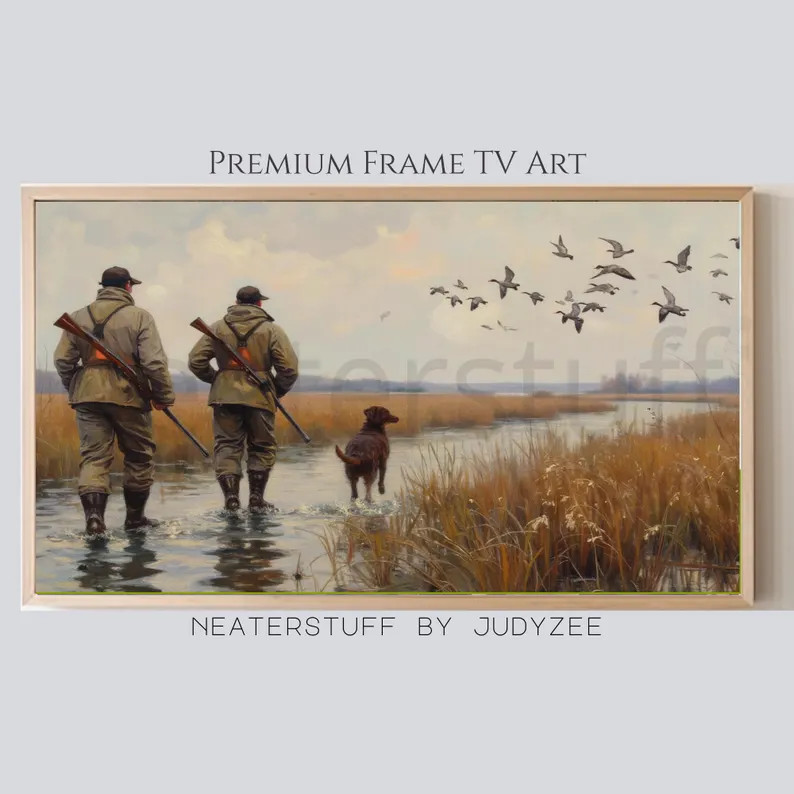 Duck hunters with dogs in wetlands frame TV art, Classic Autumn Landscape Hunting scene with retr... | Etsy (Global)