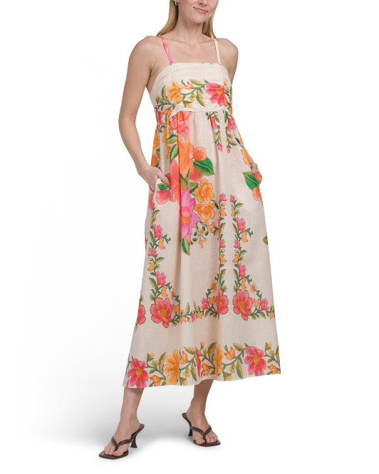 Made In Italy Linen Blend Spaghetti Straps Ruched Top Maxi Dress | TJ Maxx