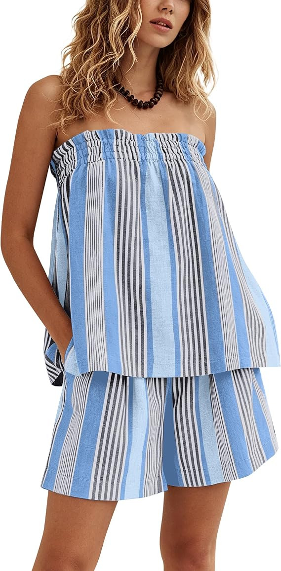 Women Striped Tube Top Shorts Set Strapless Top High Waist Shorts Matching Sets Summer Vacation O... | Amazon (US)