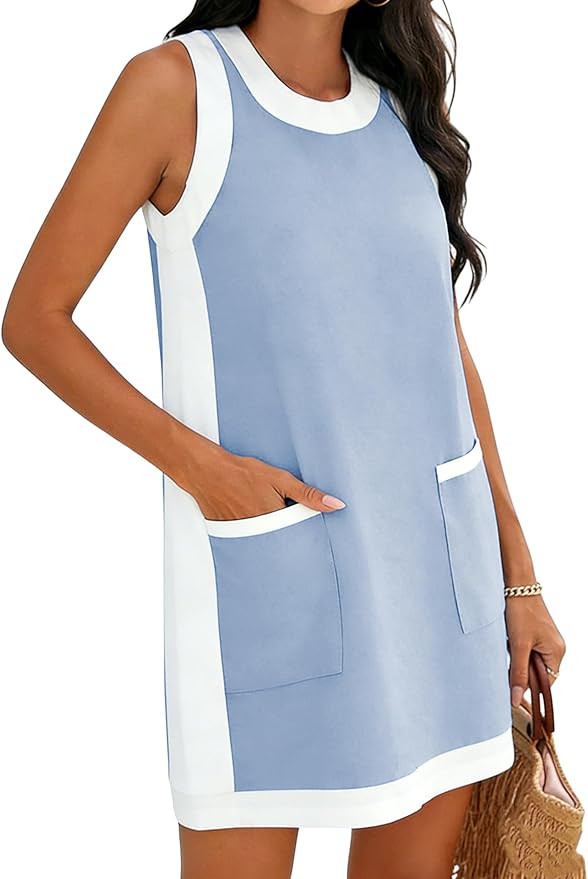 Fiona Jolin Women's 2026 Summer Color Block Sleeveless Mini Dress Crewneck Beach Sundress Vacatio... | Amazon (US)