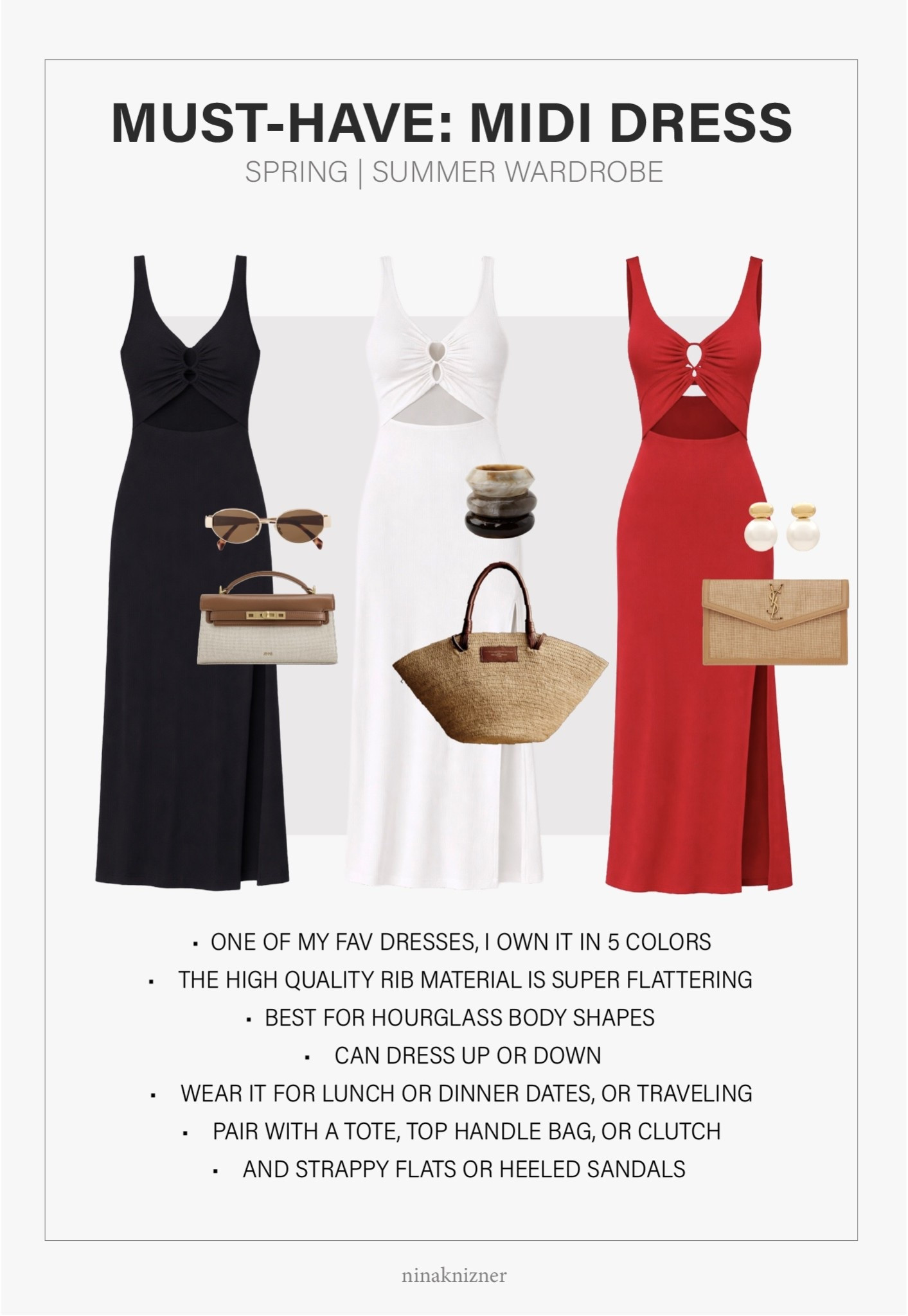 The dress you will want in every color..

I got all of mine last year. They were sold out by summer and some of the colors are already gone as of now. Please L*Space make more of these because they’re my favorite. I love that I can dress them down, especially the black one. The red one is definitely a show stopper, I got so many compliments on it last year. I’d wear it a lot with pearl accessories, so the whole outfit popped even more. :) The white one is very vacation-like.

- L*space - Camille Dress in Black, in White, and in Flame


#spring #springoutfits2026 #womenspringoutfits #summer #summeroutfits2026 #womensummeroutfits  #traveloutfits #travel #accessories #destinations #coastal #westcoast #coastalcalifornia #vacation #mediterranean #europeansummer #essentials #staples #capsulewardrobe #minimalist #basics #ovalsunglasses #sunglasses #mididress #springdress #summerdress #blackdress #whitedress #reddress #ribbed #lspace #straw #raffia #springbag #summerbag #vacationbag #bag #canvas #jewelry #gold #pearl #earrings #styleinspo 

#LTKSeasonal #LTKTravel #LTKootd