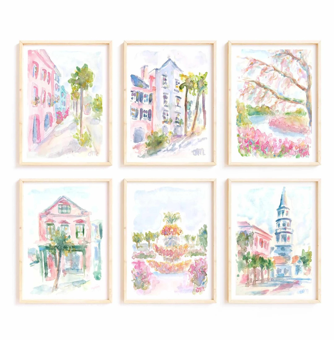 Charleston Rainbow Row Watercolor Print Set: Pastel Pink Preppy Wall Art (digital Download) - Ets... | Etsy (US)