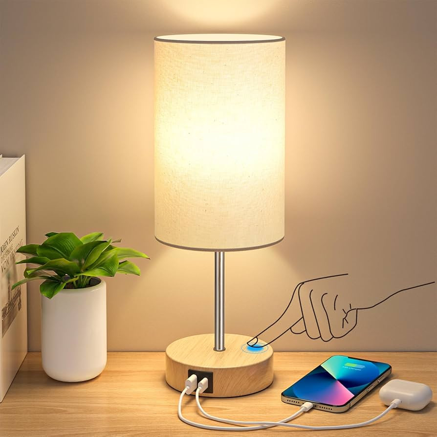 AKASUKI Table Lamp for Bedroom, 3 Way Dimmable Touch Lamp with Dual Charging Station, Small Bedsi... | Amazon (US)