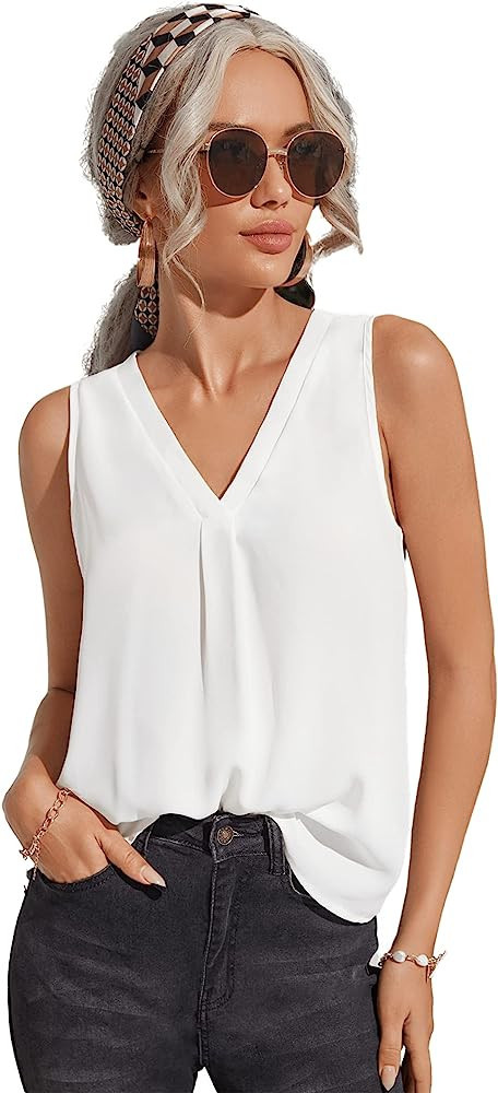 Milumia Women's Elegant Sleeveless V Neck Work Office Pleated Tank Top Shirt | Amazon (US)
