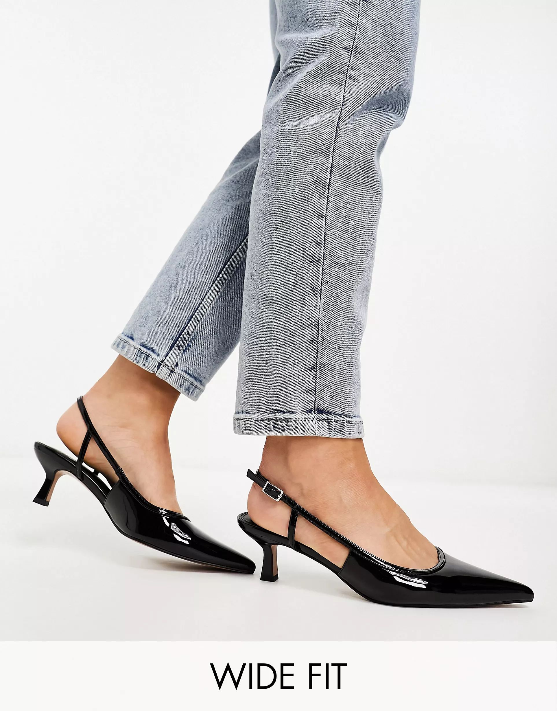 ASOS DESIGN Wide Fit Strut slingback mid heeled shoes black patent | ASOS (Global)