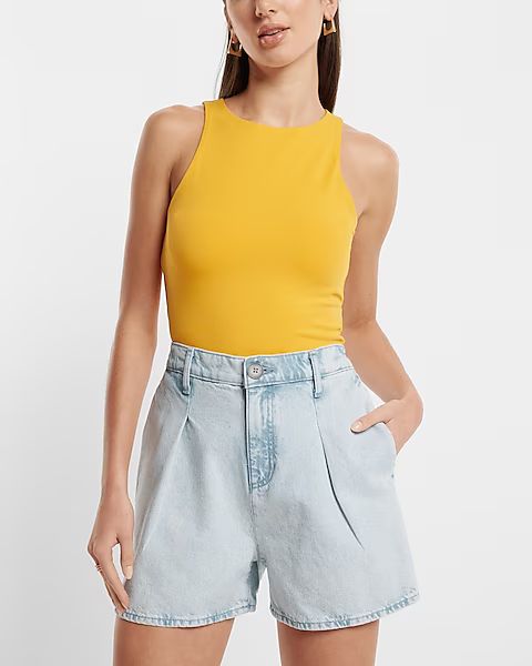 Super High Waisted Light Wash Tailored Jean Shorts | Express