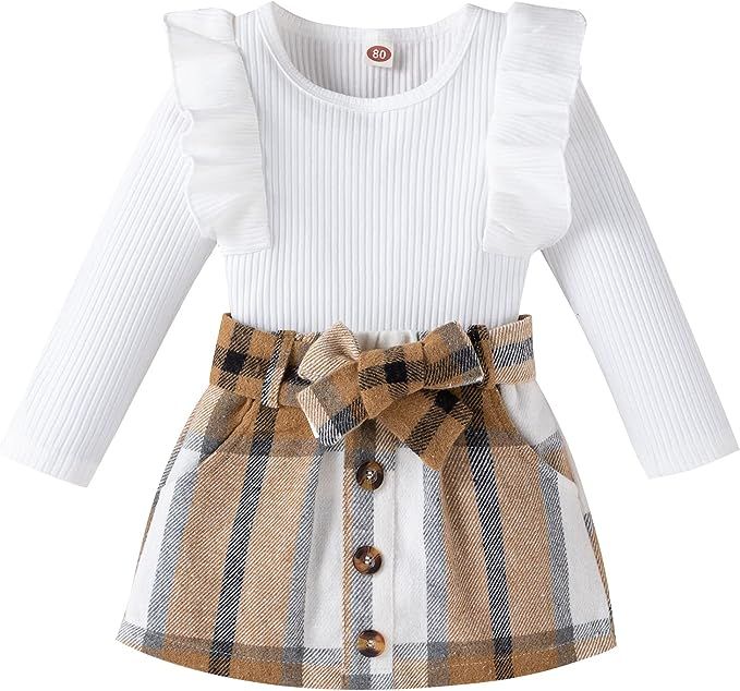 Toddler Baby Girl Skirt Outfit Long Sleeve Ruffle Shirt Top Mini Skirt Set 2Pcs Kids Little Girl ... | Amazon (US)