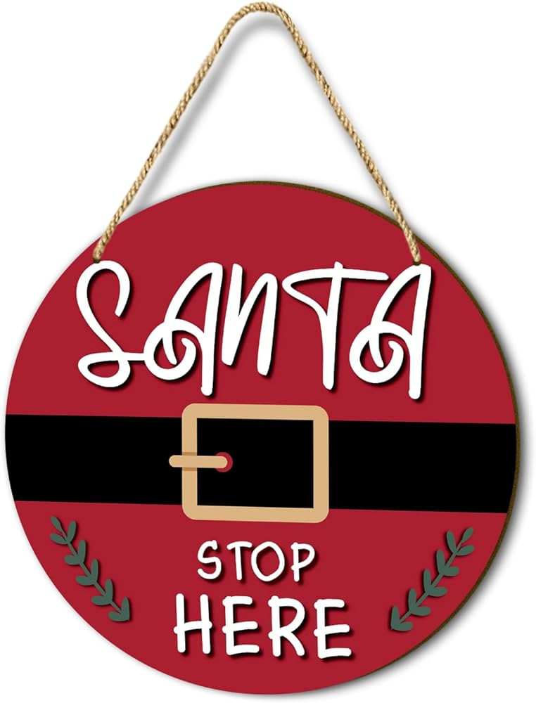Santa Stop Here Wooden Sign With Rope for Door Decor, Xmas Round Wood Hanging Santa Claus Sign Wi... | Amazon (US)