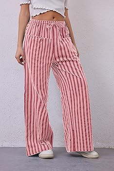 Women Drawstring Stripe Wide Leg Casual Trousers Striped Low Rise Casual Loose Lounge Pants with ... | Amazon (US)