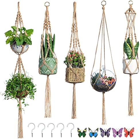 Macrame Plant Hanger, 5 Pcs Jute Hanging Planter with 5 Pcs Butterfly Decorations and 5pcs Hooks, Ha | Amazon (US)