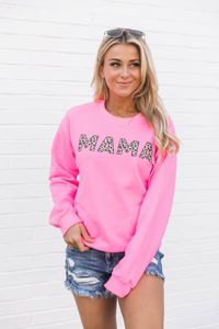 Mama Animal Print Sweatshirt Safety Pink | The Pink Lily Boutique