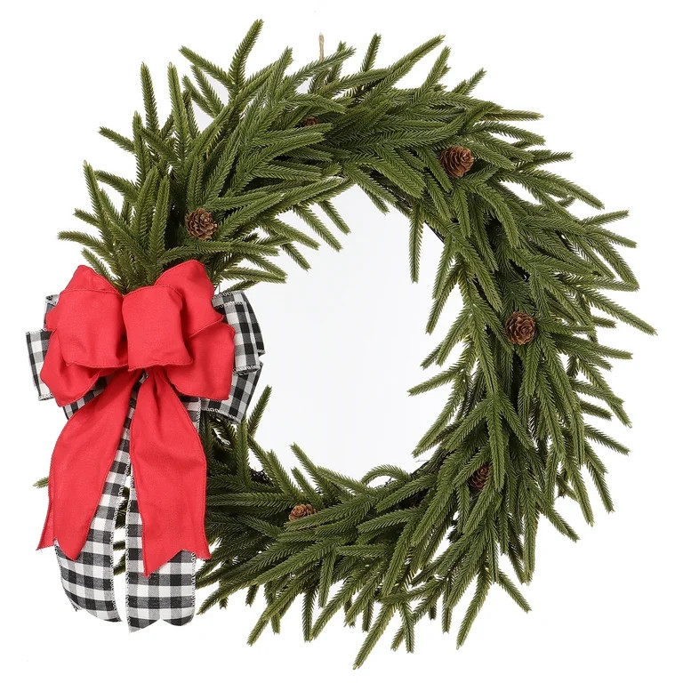 Holiday Time Christmas Season 24-Inch Evergreen Wreath with Red Ribbon, Green - Walmart.com | Walmart (US)
