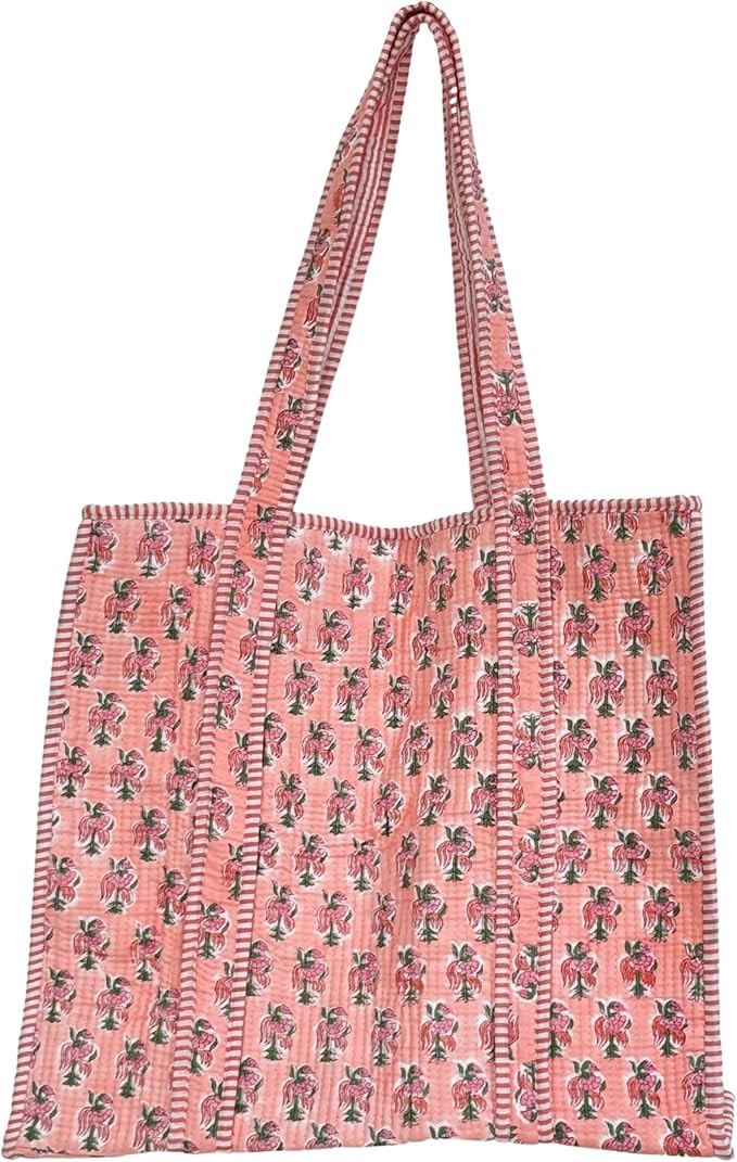 ATOSII Women Handblock Print Quilted 100% Cotton Floral Large Shoulder Tote Bag with Pocket, Zipp... | Amazon (US)