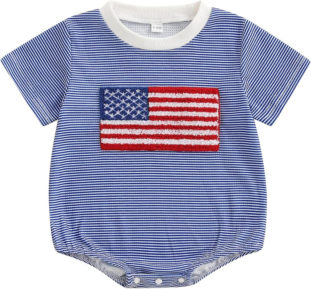 Baby Boy Girl 4th of July Outfit Bubble Romper Striped USA Embroidery Short Sleeve T Shirt Bodysu... | Amazon (US)