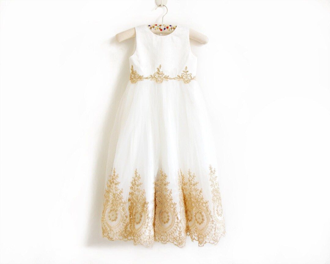 Ivory Flower Girl Dress, Gold Flower Girl Dress, Toddler Flower Girl Dress, Tulle Flower Girl Dre... | Etsy (US)