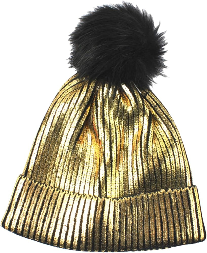 Women Girls Metallic Winter Hat Soft Warm Knitted Beanie Pom Pom Skull Cap | Amazon (US)