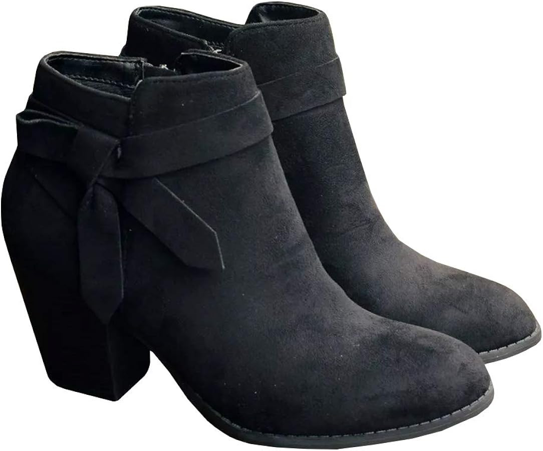 PiePieBuy Women's Tie Knot Chelsea Pump Ankle Boots Closed Toe Stacked Heel Booties Shoes | Amazon (US)