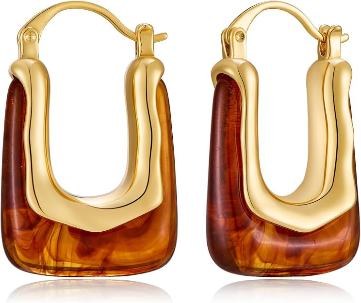 Acrylic Hoop Earrings for Women 14K Gold Plated Chunky Hoop Earrings Vintage Geometric Resin Fash... | Amazon (US)