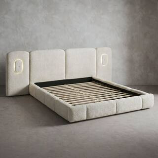Gerry Modern Ivory Beige Upholstered Wood Frame Queen Platform Bed with Accent Lighting | The Home Depot