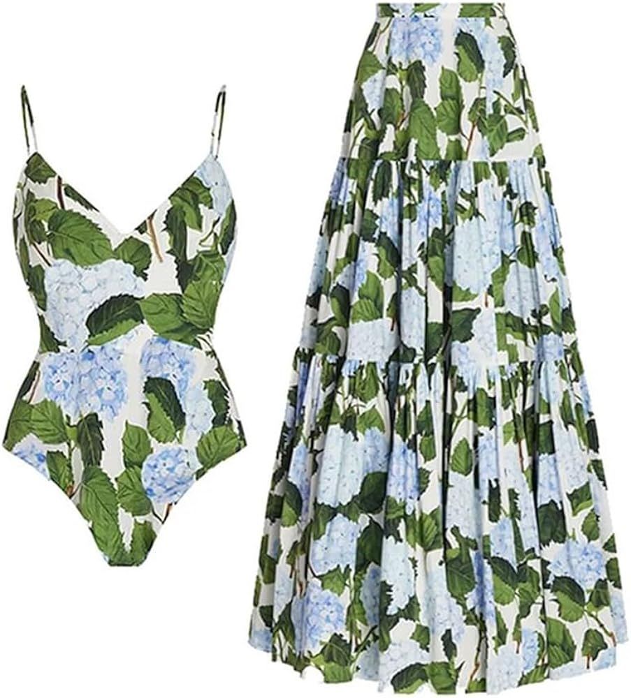 IMEKIS Womens 2 Piece Swimsuit with Cover Ups Set Retro Floral Print One Piece Swimwear Sarong Su... | Amazon (US)