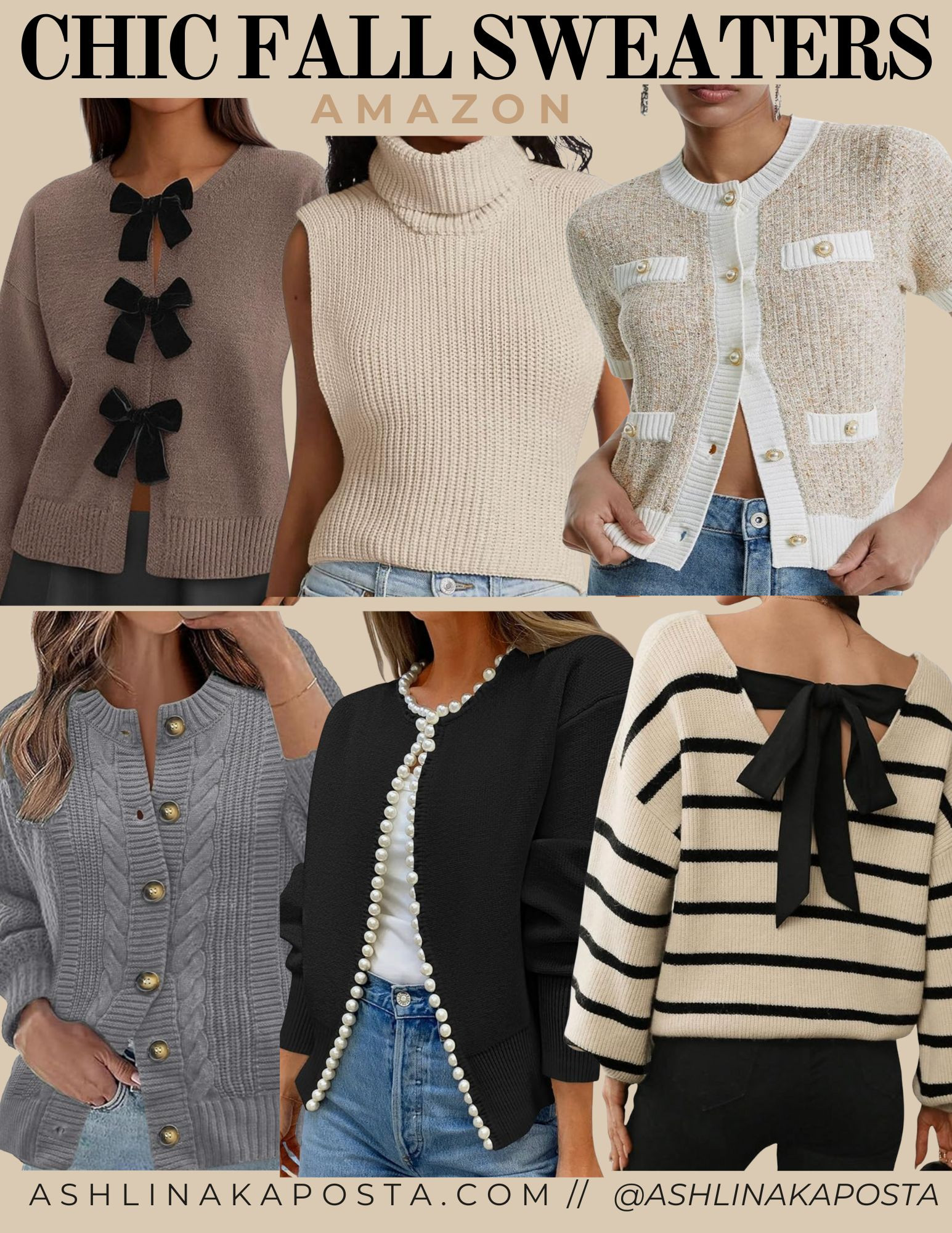 🍂 Cozy season is calling, and nothing says fall like the perfect sweater. From pearl-trimmed cardigans to bow details and timeless stripes, these chic fall sweaters from Amazon are giving elevated autumn vibes. ✨

If you’re looking for fall fashion that feels feminine, stylish, and effortlessly put-together, these are the must-have pieces to add to your wardrobe this season. Whether you’re dressing up denim or layering for the office, these Amazon finds make fall layering so much easier.

Which sweater would you wear first—bows, pearls, or stripes? 🖤

Shop them all on the blog 👉 ashlinakaposta.com

#ChicFallSweaters #FallFashionAmazon #AmazonFallStyle #FallWardrobeEssentials #AmazonChicFinds 

 