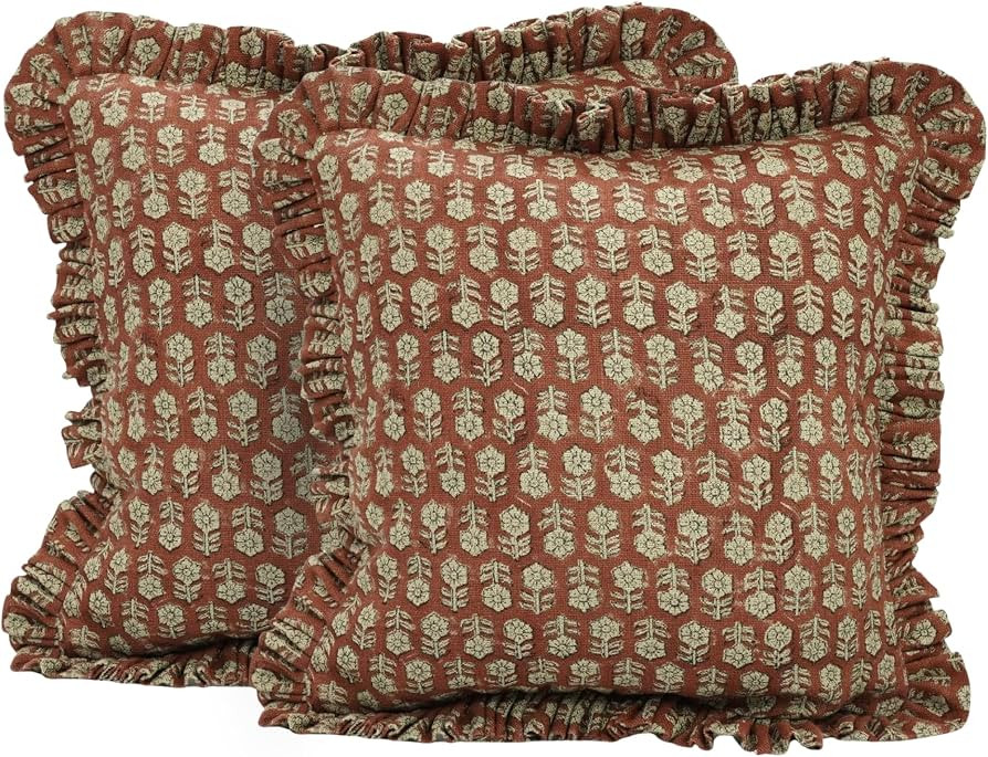 Pack of 2 Thick Linen 20x20 Inch Bohemian Style Handmade Both Side Block Print Frilled Pillow Cov... | Amazon (US)
