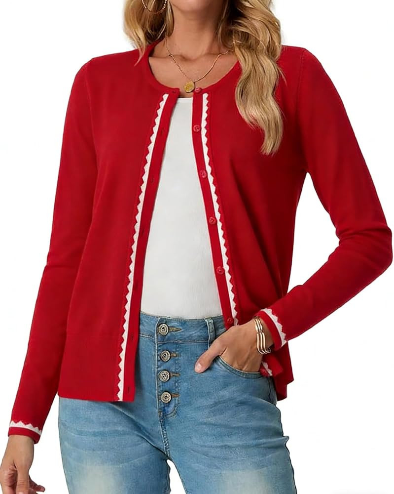 Women's Cardigan Sweater Color Block Long Sleeve Crew Neck Knit Cardigan Trendy Cropped Cardigan ... | Amazon (US)
