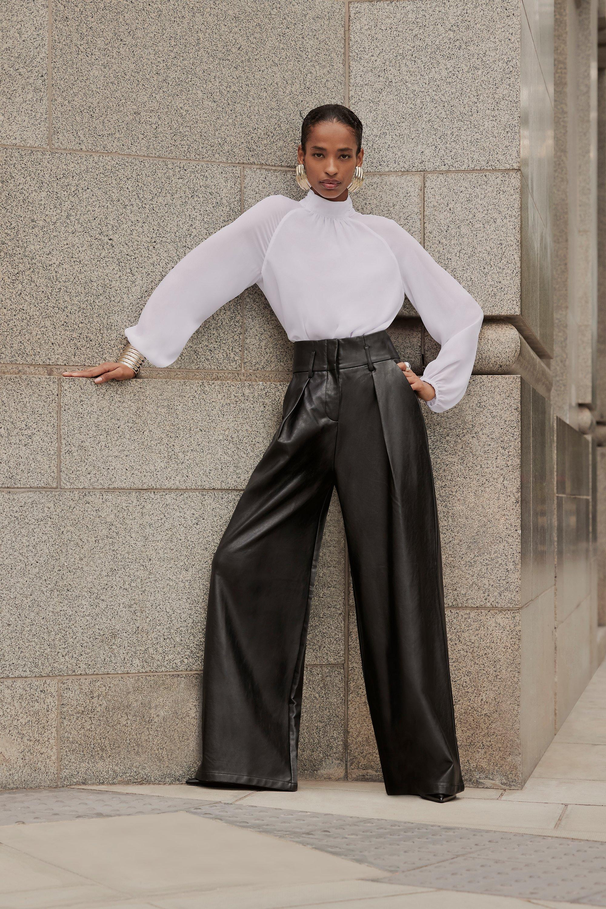 Faux Leather High Waisted Wide Leg Trousers | Karen Millen | Karen Millen UK + IE + DE + NL