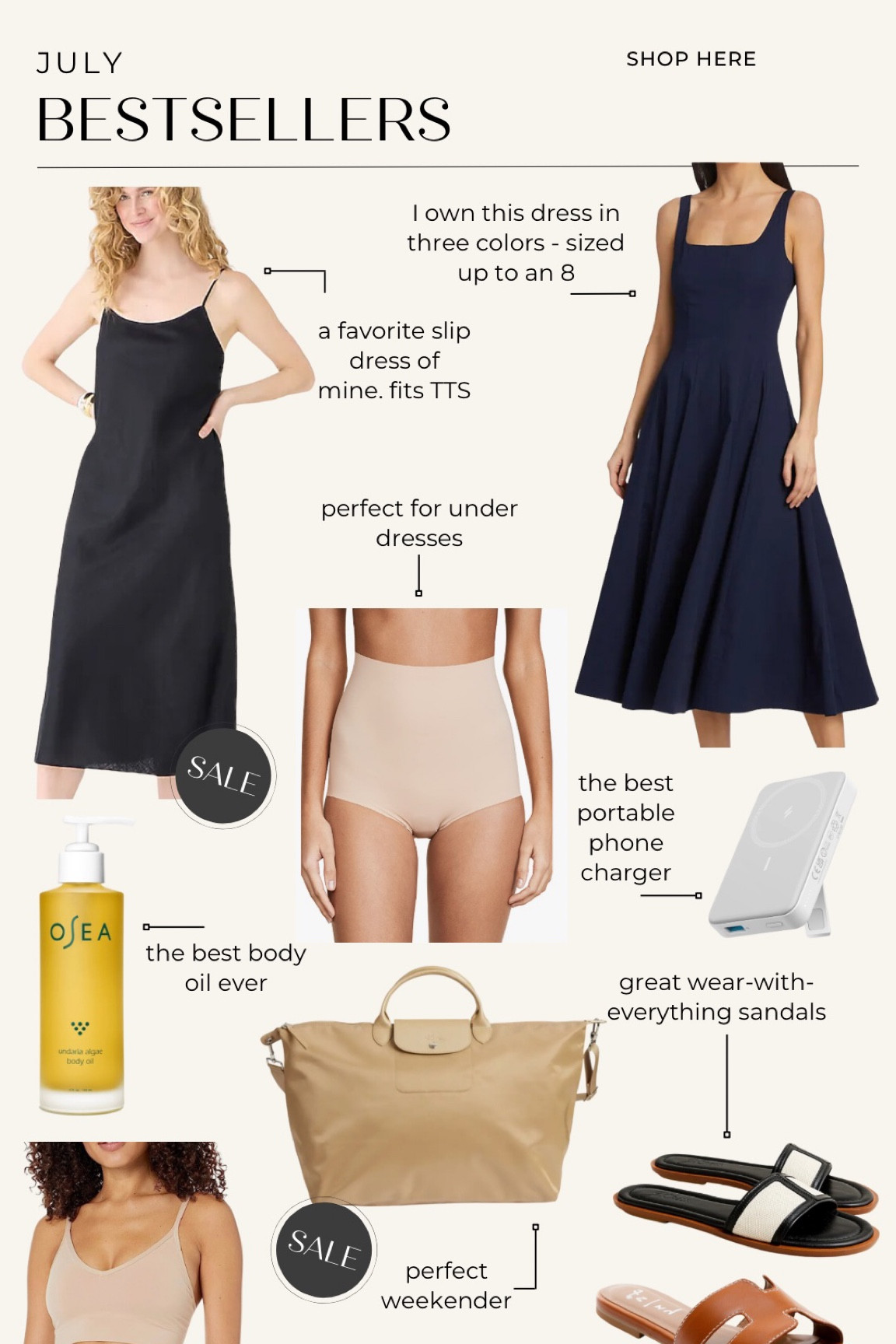 July bestsellers! 
Slip dress
Staud Wells dress (size up!)
Commando underwear
Body oil from osea
Longchamp weekender
Battery pack
Summer sandals 

#LTKSeasonal