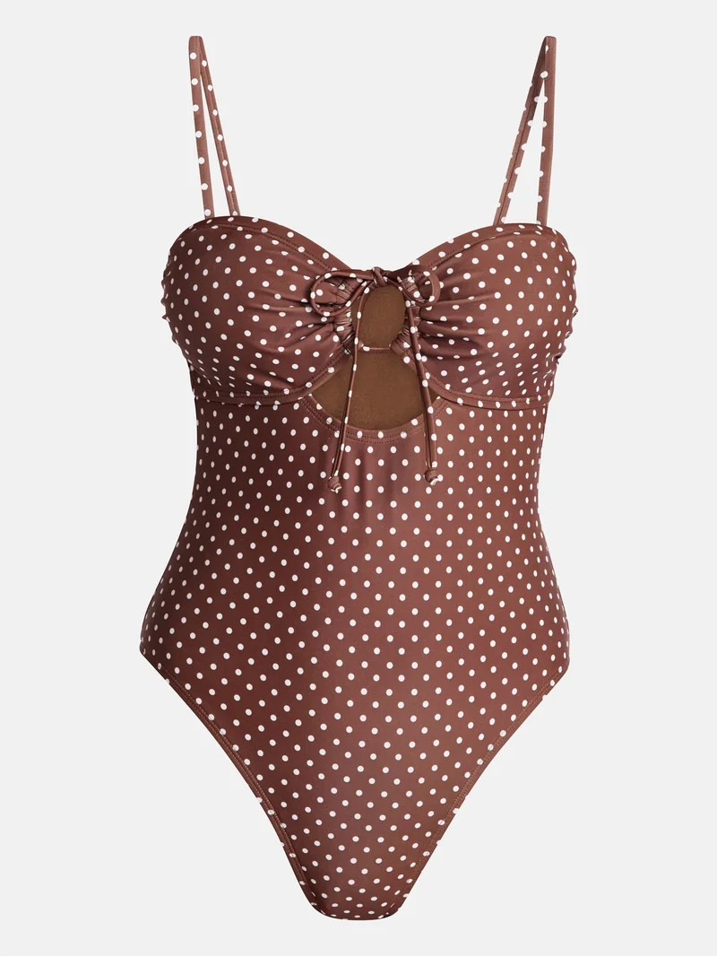 No Boundaries Polka Dot Tie Front Bandeau One Piece Swimsuit, Women's XXS-XXL | Walmart (US)