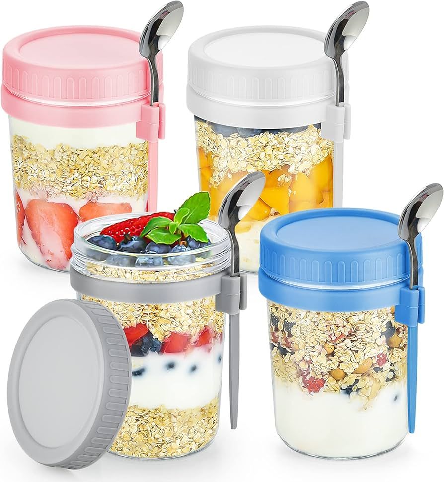 4 Pack Overnight Oats Containers with Lids and Spoons 16 Oz Glass Mason Jars for Overnight Oats L... | Amazon (US)