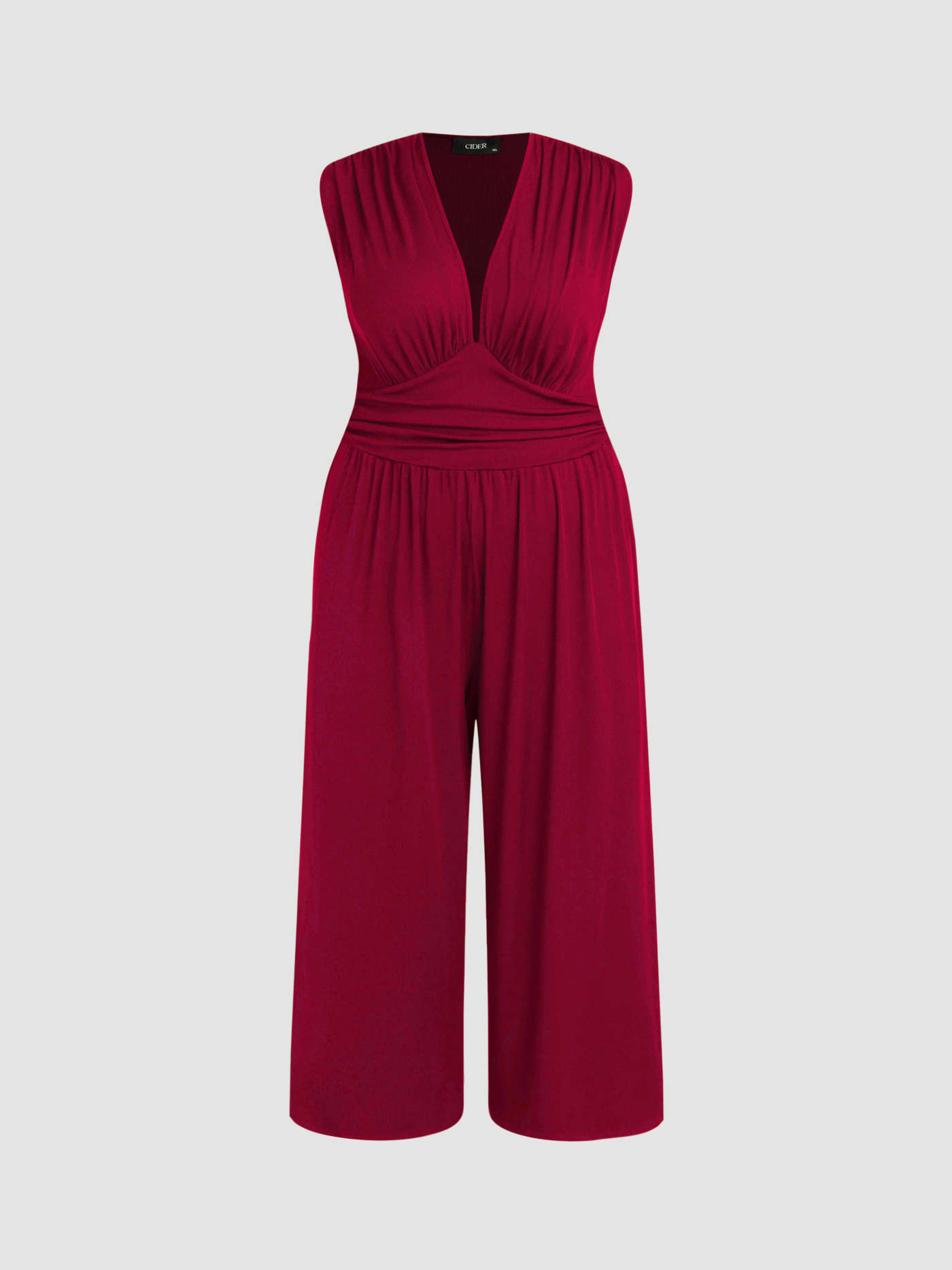 V-neck Ruched Solid Wide Leg Jumpsuit Curve & Plus | Cider