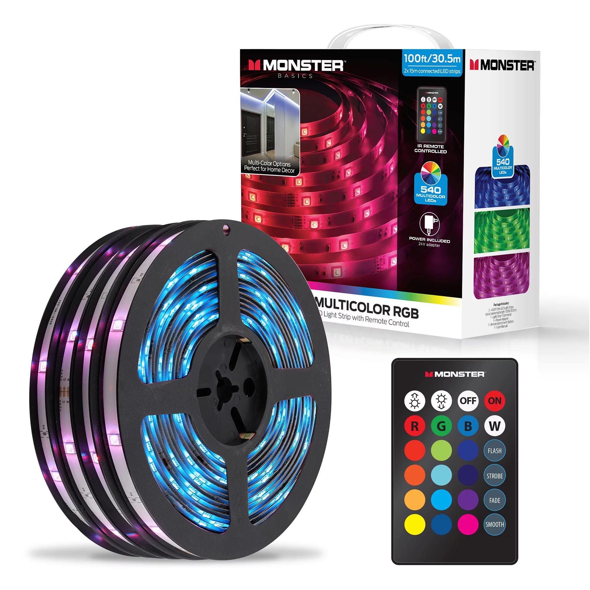 Monster LED 100ft Multicolor Light Strip, Indoor Locations, Bedrooms, Remote Control | Walmart (US)