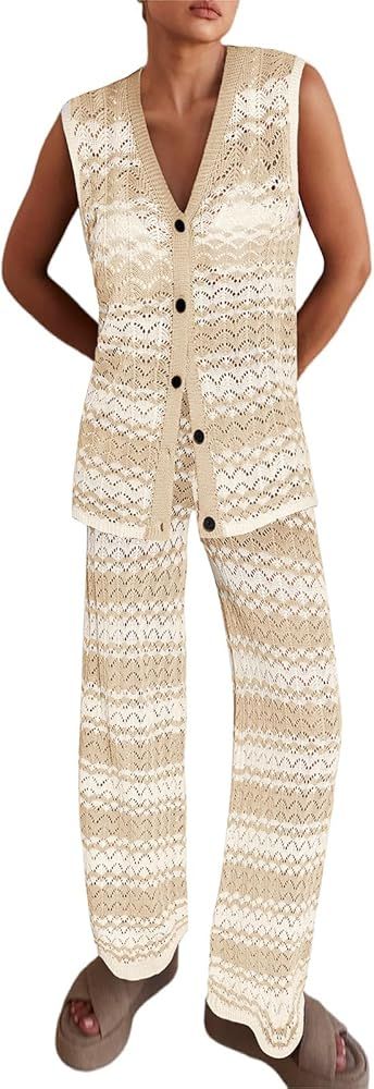 Imily Bela Womens Knit 2 Piece Sets Summer Outfits Sleeveless Vest Tops Wide Leg Pants Striped Lo... | Amazon (US)