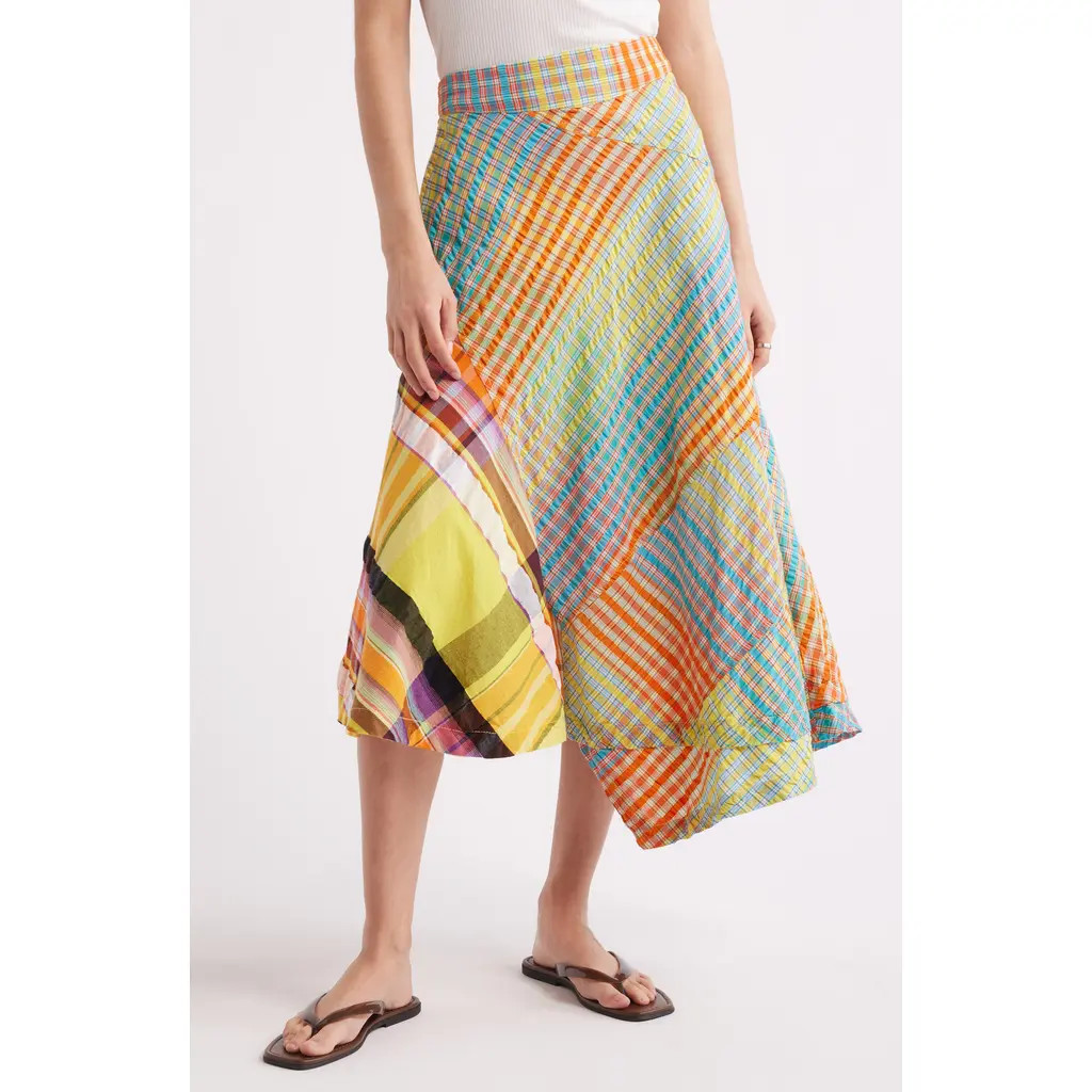 Free People Rivoli Patchwork Plaid Cotton Midi Skirt in Pop Combo at Nordstrom Rack, Size 6 | Nordstrom Rack